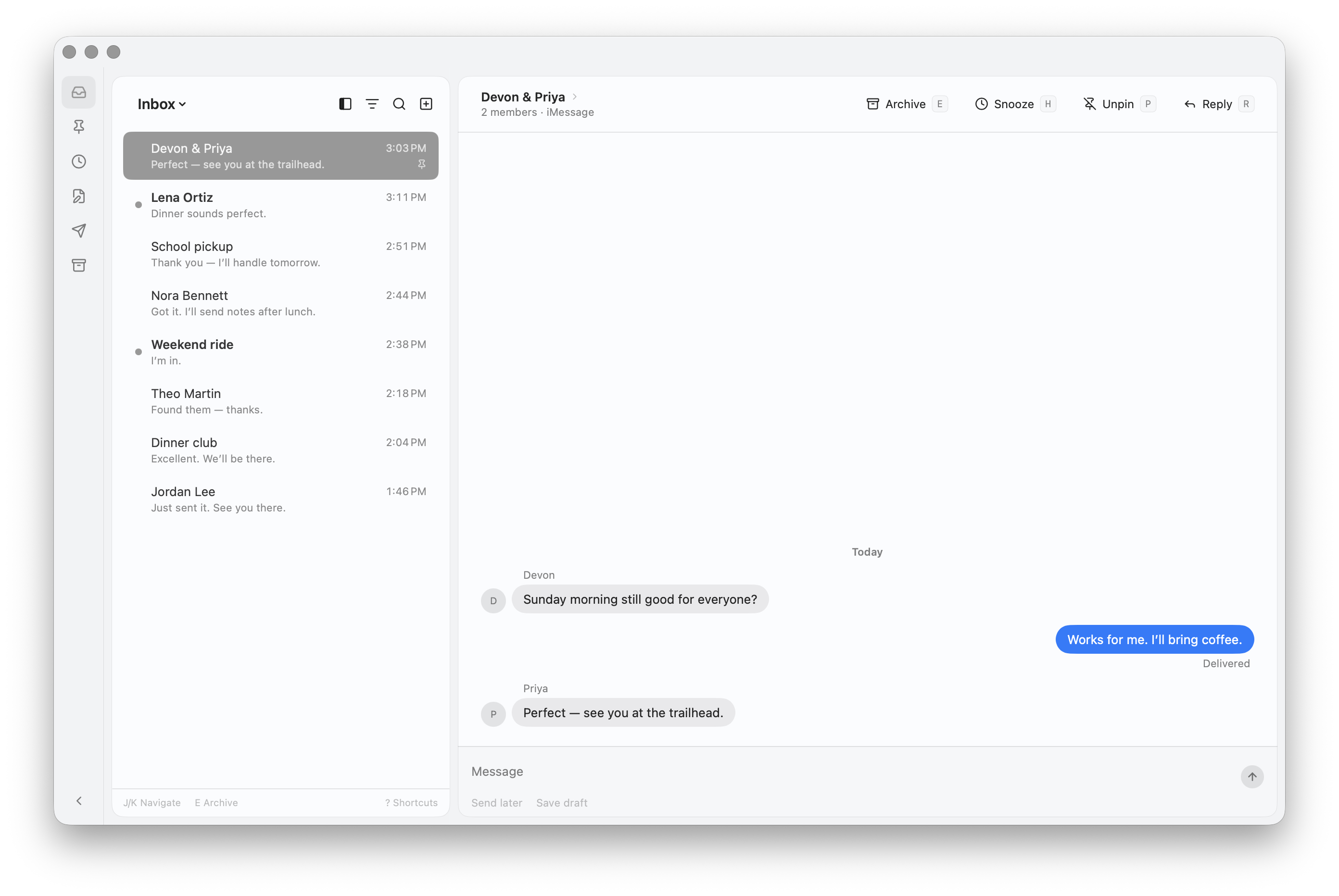The real Bartleby Mac app showing a fictional group conversation